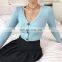 2020 Fall New Women Slim V-neck Cropped Top Solid Color Button Long Sleeve Cardigans