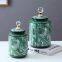 Nordic Style Dark Green Leaf Cylinder Ceramic Vases Sets Table Decoration with round Crystal lid For TV cabinet