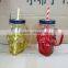 Beautiful Colored With Lid & Drinking Straw Glass Skull Head Mason Jar With Handle