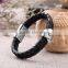 Black stainless steel braided leather bracelet two rows double braided leather bracelet