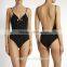 High Waisted Mature Ladies Deep V Neck Backless Slip Lace-up Swimsuit
