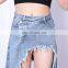 TWOTWINSTYLE Denim Skirt For Women High Waist Patchwork Tassel Split Streetwear Blue Asymmetrical
