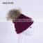 Ladies Big Raccoon Fur Pompom Crochet Hats Dobby Wool Fur Bobble Hats KZ160075 Burgundy