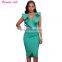 Turquoise Ruffle V-Neck Bodycon Midi Dress