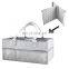 Grey diaper caddy with shoulder belt trim top edge and pocket edge cotton lining
