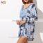 2017 Sexy Ladies Vintage Beach Dresses Blue Tribal Print Crochet Front Tassel Tie Neck Dress HSD7607