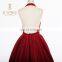 Newest Fashion Floor Length Satin Flowers Belt Ball Gowns Burgundy Halter Evening Dresses 2016