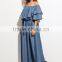 Ladies Ruffled Neck Off The Shoulder Short Sleeve Blue Color Tie Waist Long Maxi Denim Dress