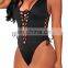 Women V Neck Lace up Bathing Suit High Cut One Piece Swimsuit Monokini