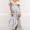 Mature women floral wrap dresses 2018 cold shoulder frill maxi dress