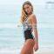 Floral print v-neckline swimwear scoop back bikini mesh skimpy swimsuit with adjustable straps