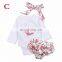 2019 new Autumn Girl Mamas' Mini Letter 3pcs Suit Pink Headband + Long Romper+ Floral Shorts For 0-24 Mos