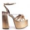 Front Strap Sandals Heels Ladies Party Footwear Shoes Women Gold Crinkle Metallic Extreme Platform with Bow Pu Handmade Rubber