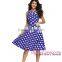 Classic Wholesale Blue Polka Dot Bohemain Print Latest Office Dress With Keyholes