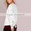 MGOO Plain White Women Sweatshirt Long Sleeve Blank Eyelet Ribbon Tie Pullover Ivory