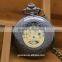 Classic black stainless steel roman number skeleton back light mens mechanical pocket watch