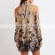 Apparel double layer lined chiffon silk fabric halter cold shoulder print mini dress