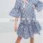 Wholesale Blue Pure cotton Gingham floral print Round neck Ruffle sleeves Cut-out back Smock style Dress