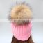 Fashion fur pom pom hats women lady bobble beanie hats with hand made real raccoon fur bobble