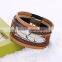 6 Color In Stock Fashion Silver Leaf Charms Vintage Multilayer Crystal Leopard Leather Bracelet