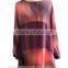 Multi Color Print Round Collar Long Sleeve Chiffon Shirt with Front Strip Blouse Tunic Dress