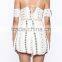 Customized Lady's Apparel Newest Style Off-white Printed Cold-shoulder Romper Jumpsuit(DQM019J)