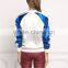 MGOO Fashion Foshan Manufacturer Custom Satin Baseball Jackets For Women White And Blue Block Bomber Jackets
