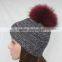 Myfur Multi-Color New Striped Pattern Wool Acrylic Knitting Hat with Real Raccoon Fur Pom Poms