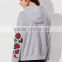 MGOO Custom Design Lightweight Drop Shoulder Heather Grey Embroidered Rose Applique Dolman Sleeve Hoodie