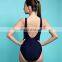 Deep Blue Backless Print Geometric Women Sports Swimwear