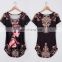 160g Qmilch Fabric Black Small Beauty Pattern Short Sleeve Women Fashion Shirt Tops