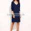 Navy Drop Shoulder Long Sleeve Side Slit Dress Polyester Spandex Casual Plain V Neck Short Dress