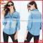 Classic Pointed Collar Faded Wash Denim Shirt Wholesale Woman Shirt With Double Chest Pockets