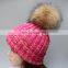 Wholesale women mens knitted plain beanie hat with raccoon fur pom pom