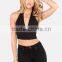 Ladies Black Ruched Side Deep V-Neck Sleeveless Halter Top