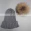 Hot sale raccoon animal fur knitting hats fur pom hats wholesale china ribbed hats