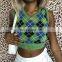 Women New Arrival Plaid Knitted Vintage Contrast V Neck Knitwear Sweater Tank Top