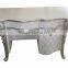 White Glossy Vanity Dressing Table with Silver Foil, Mini Bedroom Wood Carved Tidy Line Designed Dresser Table