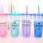 double wall beautiful plastic water bottle with straw 450ml