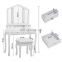Wholesale Wood dressing table furniture with 3 folded mirrors 4 drawers and Cushioned Stool