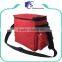 Red insulated shoulder lunch bag with side bottle pocket