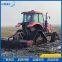 Triangle track walking mechanism and mountain half track tractor, related to the field of agricultural machinery. The triangle track walking mechanism includes a driving wheel, a bracket, a track, a supporting device, a guiding device, and a tensioning de