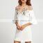Elegant Round Neck Mesh Shoulder 3/4 Length Bell Sleeve Embroidered Women Sexy Mini Dress