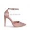 Women Nude suede court heel with diamante front & ankle strap ladies high heels shoes (sandalias mujer)