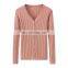 Women's Casual Ribbed Knitted V-Neck Cashmere Sweater Single Breasted with Solid Pattern and Buttons for Autumn Season