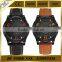 Black case date day function leather band military watch men quartz analog