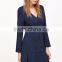 Navy Double Breasted Pleated Hem Dress Polyester Spandex Long Sleeve V Neck Casual Plain Dress