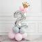 Numbers Princess Silver Prince Crown Foil Balloons Set Upright Latex Column Balloons for Baby Birthday Party Decor