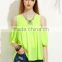 Blouses latest fashion design women clothing Green Cold Shoulder Pleated Half Sleeve Blouse
