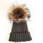 Myfur Dark Gray Wool Knitting Hat Couple Cap With Raccoon Fur Pompom